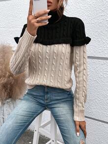 SHEIN Essnce Two Tone Turtleneck Ruffle Trim Cable Knit 2 In 1 Sweater - Multicolor - View 6