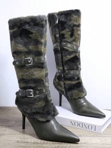 SHUZIA Camo Pattern Fuzzy Buckled Knee-High Boots - Multicolor - View 2