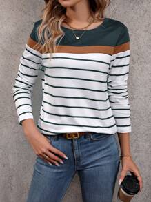 EMERY ROSE Striped Print Colorblock Tee Graphic Tees Women Tops Fall Cloth For Women - Dark Green - View 6