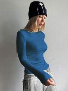 DAZY 纯色圆领修身长袖T恤女式上衣，带保暖内衬 - 藍色 - 查看 4