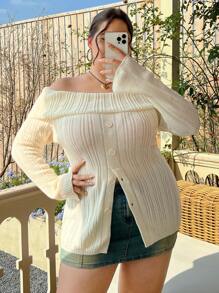 SHEIN CURVE+ Plus Foldover Off Shoulder Flare Sleeve Button Front Sweater Knit Pullover Fall Winter Outfit