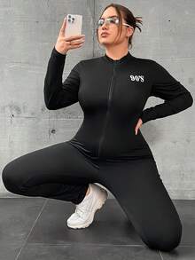 Flirla 大碼字母圖案拉鏈開襟彈力緊身連體褲 - 黑色 - 查看 6