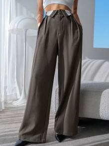 Dazy Designer Quần ống rộng túi xéo tương phản trang phục công sở - màu nâu - Xem 7