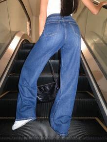 SHEIN EZwear 高腰闊腿牛仔褲 - 深色水洗藍 - 查看 3