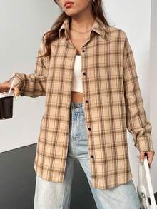 SHEIN Unity Áo sơ mi kẻ caro tay dài cài nút phía trước dáng rộng thoải mái đa năng - Màu Khaki - Xem 4