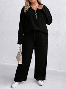 SHEIN LUNE Plus Half Zip Drop Shoulder Tee & Pants - Black - View 4