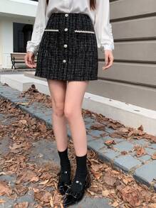 Dazy Star Button Front Tweed Skirt Fall,Winter Plaid - Black - View 5
