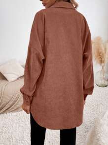 SHEIN Essnce Chất rắn Nút phía trước Thả vai Vải to sợi Áo sơ mi - Gỗ đỏ - Xem 7