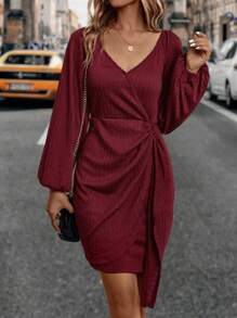 SHEIN Privé 燈籠袖側邊扭結圍裹連衣裙 - 酒紅色 - 查看 5
