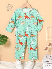 Baby Boy Dinosaur Print Tee & Pants - Green - View 1
