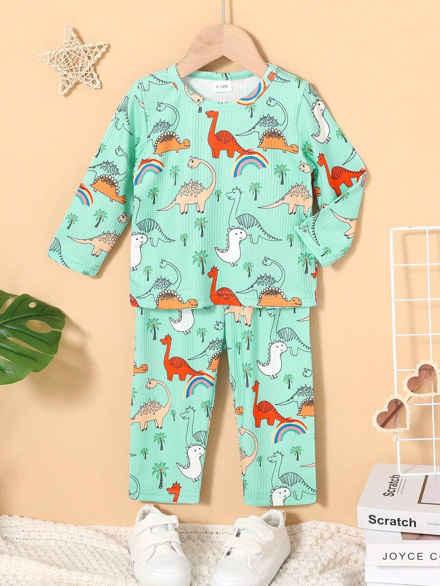 Baby Boy Dinosaur Print Tee & Pants - Green - View 1