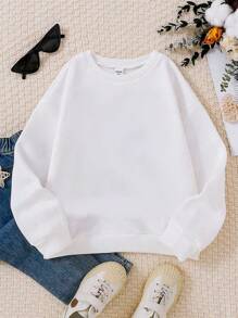 SHEIN Tween Girl Solid Sweatshirt - White - View 1