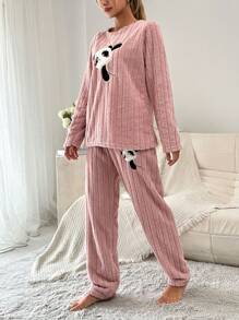 SHEIN Cottnline Panda Embroidery Flannel PJ Set - Coral Pink - View 4