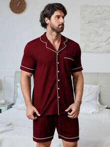 Snug Zone Men Contrast Piping PJ Set / Pajama Set - Burgundy - View 5