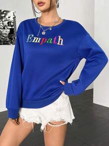 SHEIN Unity 字母圖案落肩袖運動衫 - 藍色 - 查看 4