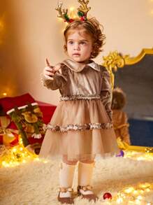 蕾絲拼接 網拼接 多層分層純色嬰童（女）洋裝