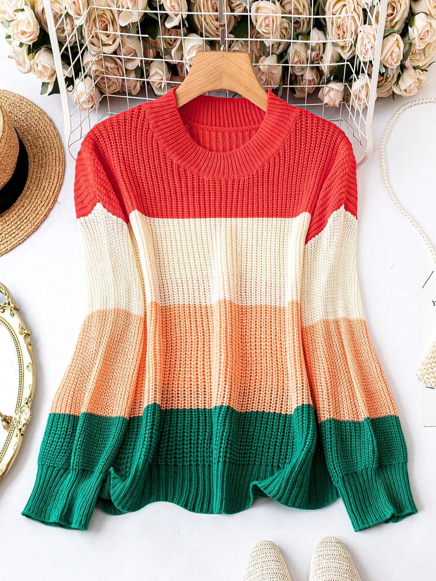 SHEIN LUNE Plus Color Block Drop Shoulder Sweater Knit Pullover Fall Winter Sweater - Multicolor - View 1