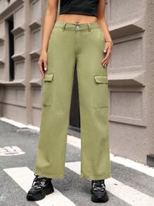 SHEIN EZwear Ladies' Flap Pocket Cargo Jeans - Army Green - View 4