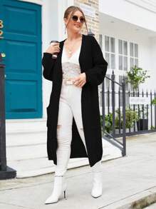 SHEIN LUNE Plus Solid Dual Pocket Longline Cardigan - Black - View 1