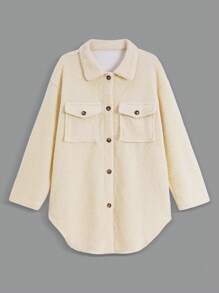 SHEIN Unity 翻蓋口袋落肩袖絨毛外套 - 杏色 - 查看 1