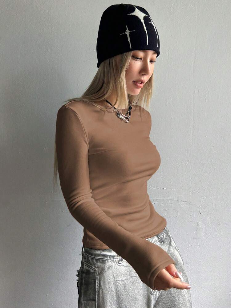 Solid Round Neck Thermal Tee Long Sleeve Women Tops,Thermal Lined