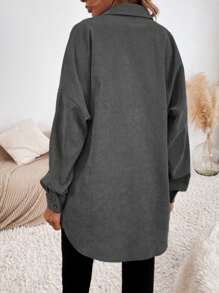 SHEIN Essnce 素色前紐扣燈芯絨襯衫 - 灰色 - 查看 6