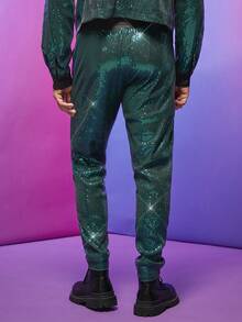 FeverCity Men Slant Pocket Sequin Pants - Green - View 2