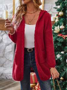 SHEIN LUNE Dual Pocket Drop Shoulder Hooded Duster Cardigan - Red - View 6