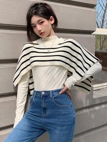 Dazy Star 1 Miếng Mẫu sọc Áo len Cape - Đen và trắng - Xem 5