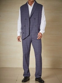 Calvornis Men Plus Plaid Double Breasted Waistcoat & Suit Pants Set Without Shirt - Blue - View 5