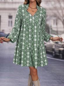 SHEIN LUNE 滿版印花繫帶領燈籠袖洋裝 - 墨綠色 - 查看 6