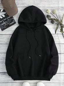SHEIN EZwear Đồ họa chữ & tay Dây rút Lót nhiệt Hoodie - màu đen - Xem 2