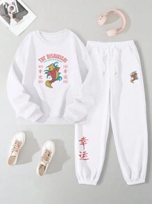 SHEIN EZwear Hình ảnh hoạt hình và chữ cái Lót nhiệt Áo nỉ & Eo dây rút Quần thể thao - trắng - Xem 1