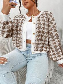 SHEIN Qutie 大碼千鳥格前排扣開襟衫 - 咖啡棕 - 查看 4