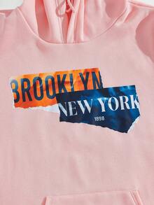 ROMWE MEN Street Life 男士建築和字母圖形拉繩保暖衛衣 - 粉色 - 查看 4