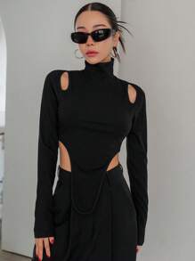 Dazy Designer 镂空高领不对称下摆长袖T恤女式上衣 - 黑色 - 查看 6