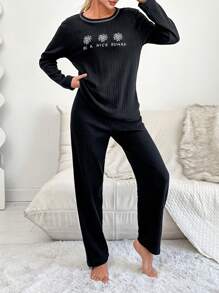 RueChic Floral & Slogan Graphic Ribbed Knit Lounge Set - Black - View 1