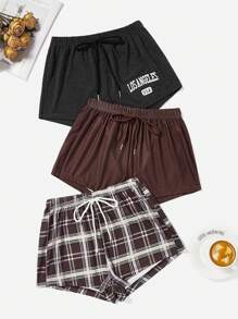 SHEIN 3pcs Plaid & Letter Graphic Knot Waist Lounge Shorts - Multicolor - View 1