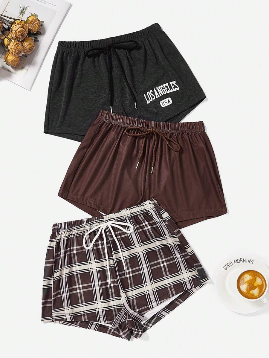 SHEIN 3pcs Plaid & Letter Graphic Knot Waist Lounge Shorts - Multicolor - View 1