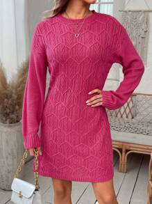 SHEIN LUNE Xoắn Dan Thả vai Đầm Áo len Không có thắt lưng - Màu Hồng Tươi - Xem 3