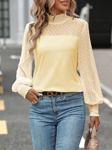 SHEIN Privé Chấm Swiss Yoke Tay áo lồng đèn Áo - Màu be - Xem 4