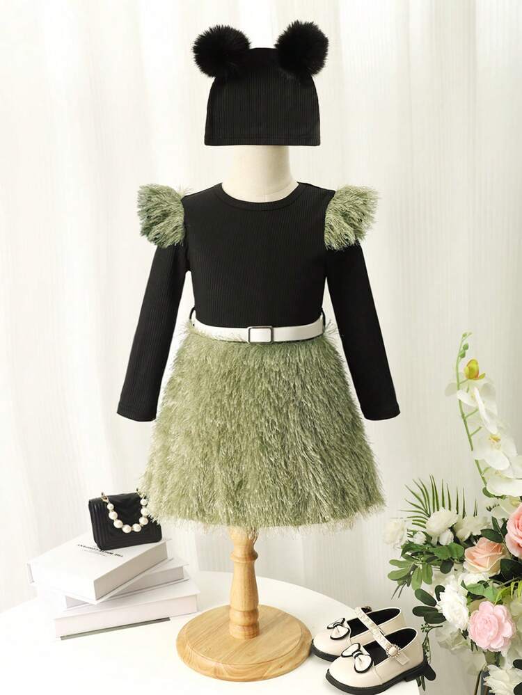 Young Girl Two Tone Fuzzy Trim Dress & Hat