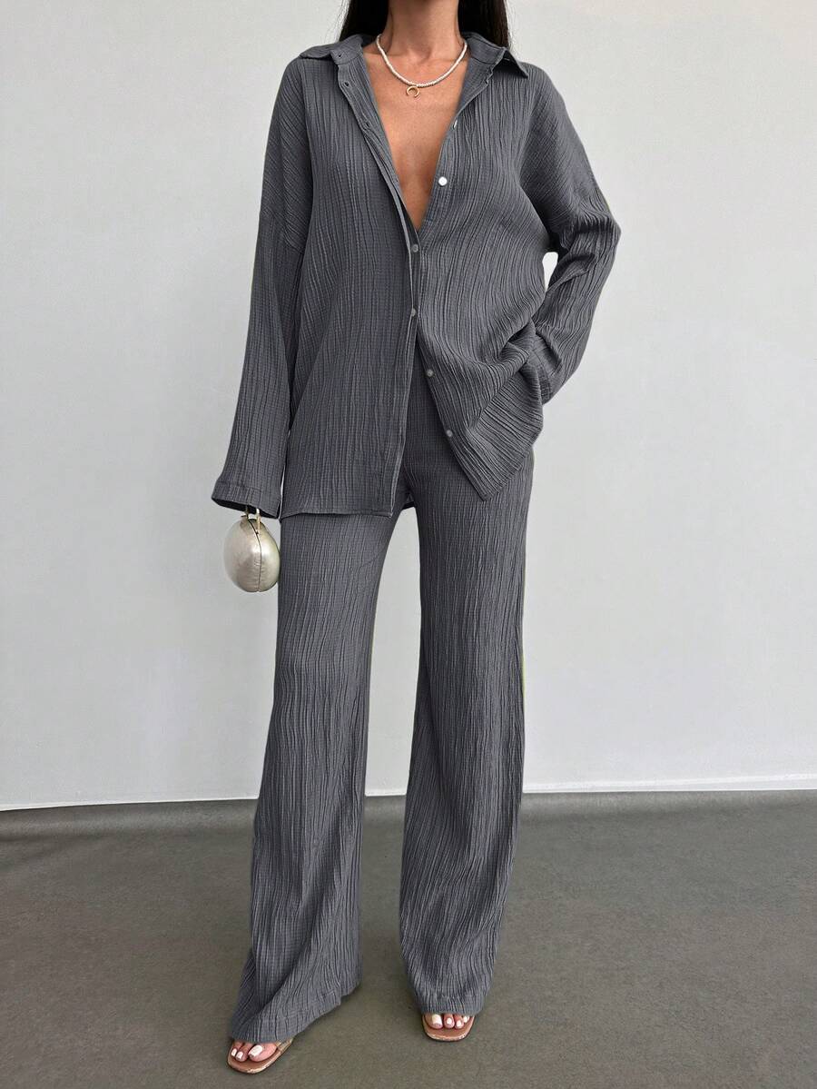 SHEIN Cottnline 2pcs/set Solid Color Textured Fabric Shirt And Pants Suit - Dark Grey - View 1