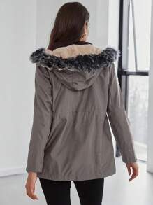 EURMUSE Drawstring Waist Fuzzy Trim Hooded Overcoat - Mocha Brown - View 2