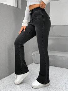 SHEIN PETITE Chi tiết thêu Quần ống loe - Xám - Xem 5