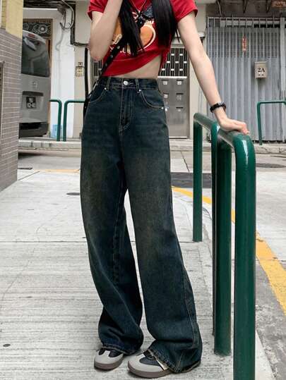 純色闊腿牛仔褲
