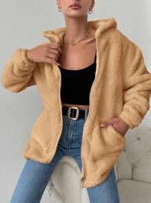 EURMUSE 女士前拉鍊帽裝毛絨針織外套 - 駝色 - 查看 4