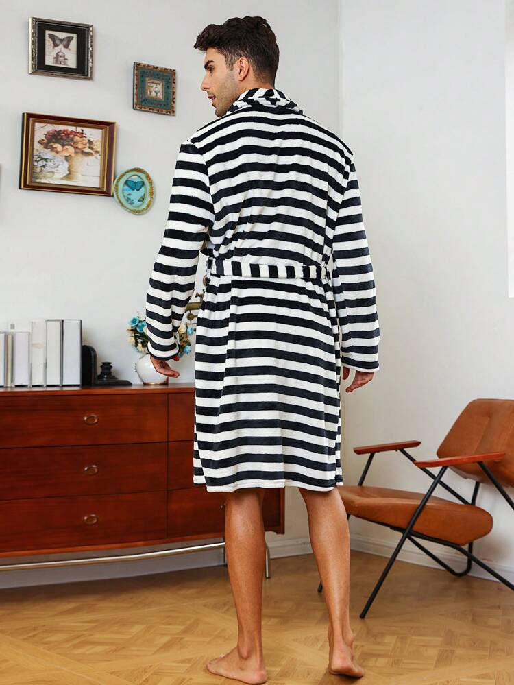 Men's Striped Shawl Collar Belted Robe