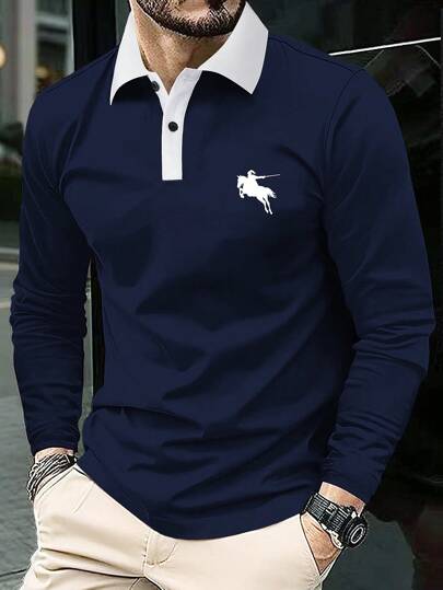 Manfinity Mode 男士骏马印花撞色领长袖纽扣式拼色高尔夫 Polo 衫（适合丈夫穿着），秋季