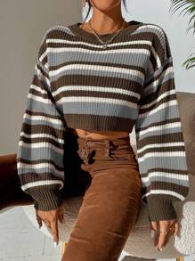 SHEIN Unity Striped Pattern Lantern Sleeve Crop Sweater - Multicolor - View 1